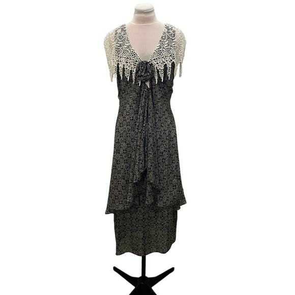 VINTAGE JESSICA MCCLINTOCK Black Cream Print Midi Dress MEDIUM Lace Shoulders - Picture 1 of 8